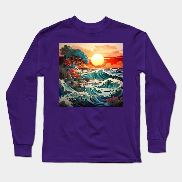 Waves ocean sunset Long Sleeve T-Shirt by Wolf Cove Creations